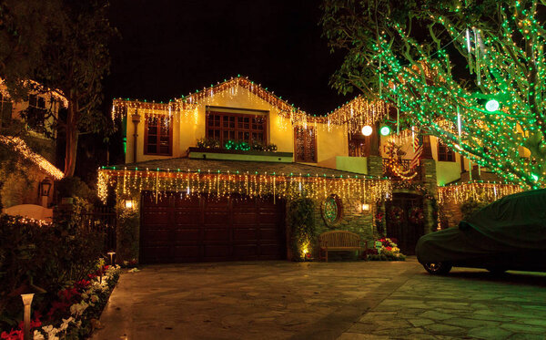 Colorful holiday lights on a home