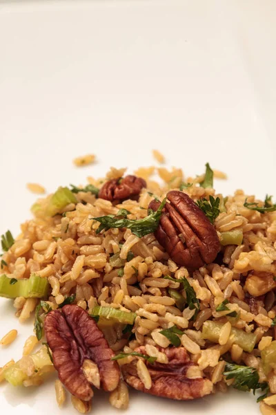 Healthy pecan nut brown rice with cilantro — Stock Photo, Image