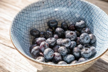 Mavi ve beyaz bir kase içinde organik yaban mersini