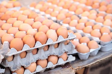 Bir yerel çiftçilere piyasa kahverengi ve beyaz yumurta yumurta kasa