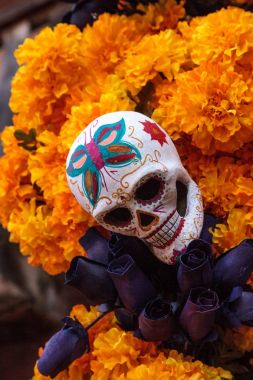 Çiçek ve iskelet Dia de los Muertos alter