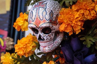 Çiçek ve iskelet Dia de los Muertos alter