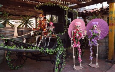 Çiçek ve iskelet Dia de los Muertos alter
