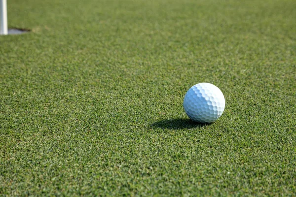 Palla da golf e bandiera su erba verde lussureggiante — Foto Stock