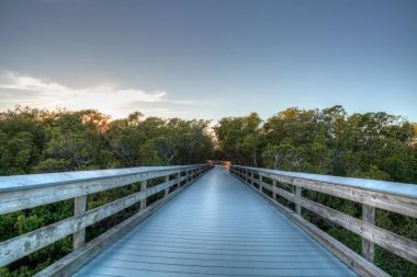 Boardwalk önde gelen deniz tarağı geçişine günbatımında ben bataklık ile