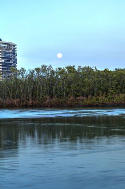 Ayın yükselişine Clam Pass okyanusa giden Nehri üzerinde