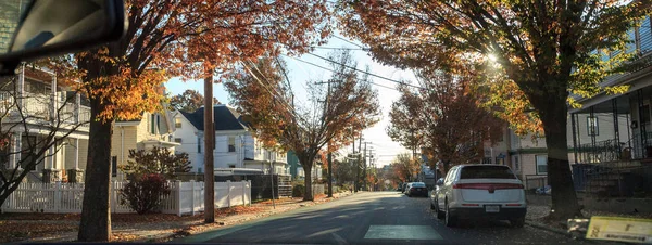 Boom omzoomde straat in een landelijke Somerville buurt in de herfst — Stockfoto