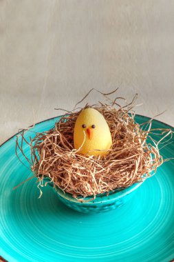 Dini bayramda Paskalya sepeti yuvasında çikolata yumurtası.