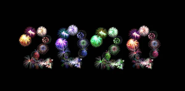 Feliz Ano Novo 2020. fogos de artifício texto criativo isolado em preto b — Fotografia de Stock