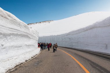 Tateyama, Japonya - 2 Mayıs 2016: Turistler kar koridorunda yürüyor. Bu kar duvarı Kurobe Alp Yolu 'nun bir parçasıdır. Tateyama Dağı çevresinde muhteşem manzaralar sunar..