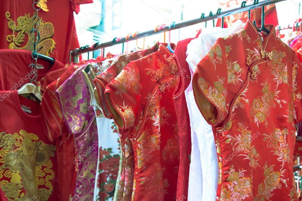 Qipao, cheongsam,  or Chinese National dress sell on the street 