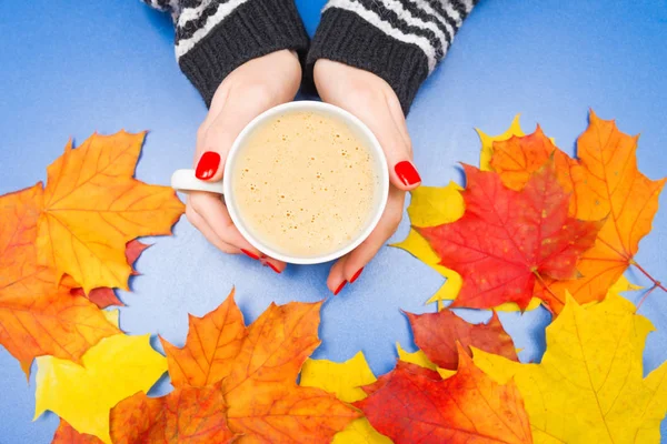 Bir kahve kupa yaprakları olan bir kadın elinde