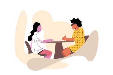 Düz çizgi film vektör çizimi. Masadaki içkilerle birlikte iki kadın oturmuş tartışıyorlar.