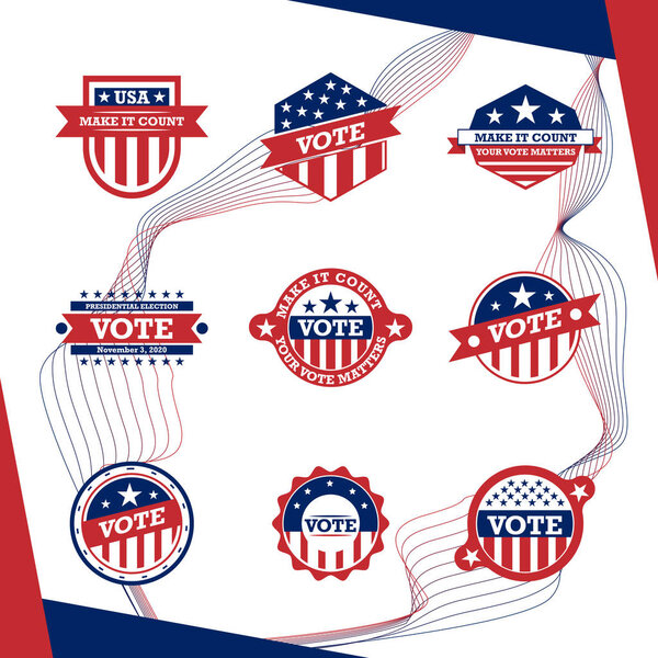 American presidential election badges and vote labels.