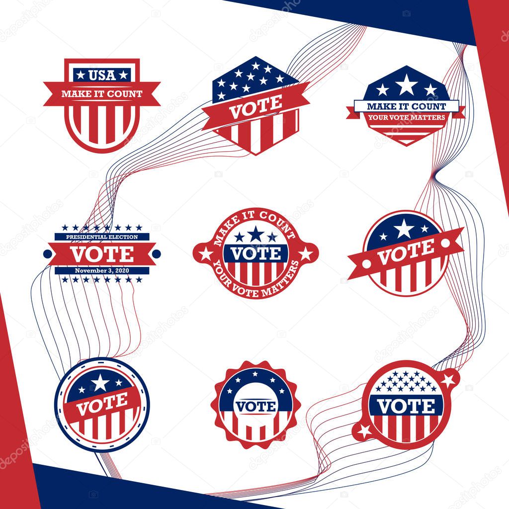American presidential election badges and vote labels.