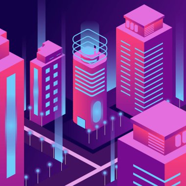 Fütürist binalar. Akıllı şehir, Isometric simgeleri, bir iniş sayfası, afiş, arkaplan, vs. için illüstrasyon vektörü.