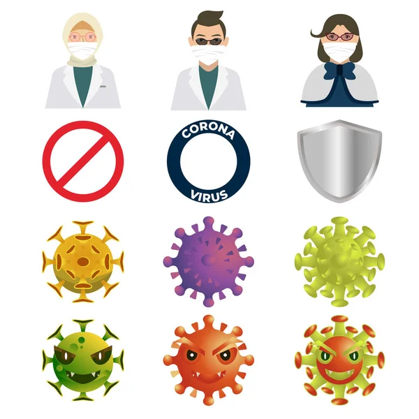 Coronavirus ncov tasarım paketi, kalkan gümüşü, beyaz yüzlü kadın ve erkek, tabela kırmızı ile basıldı..