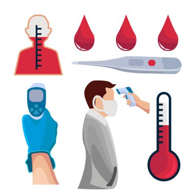 Vektör illüstrasyon paket sıcaklığı, kan, kızılötesi termometre lazer ışını insan vücut ısısının ısısını ölçer..