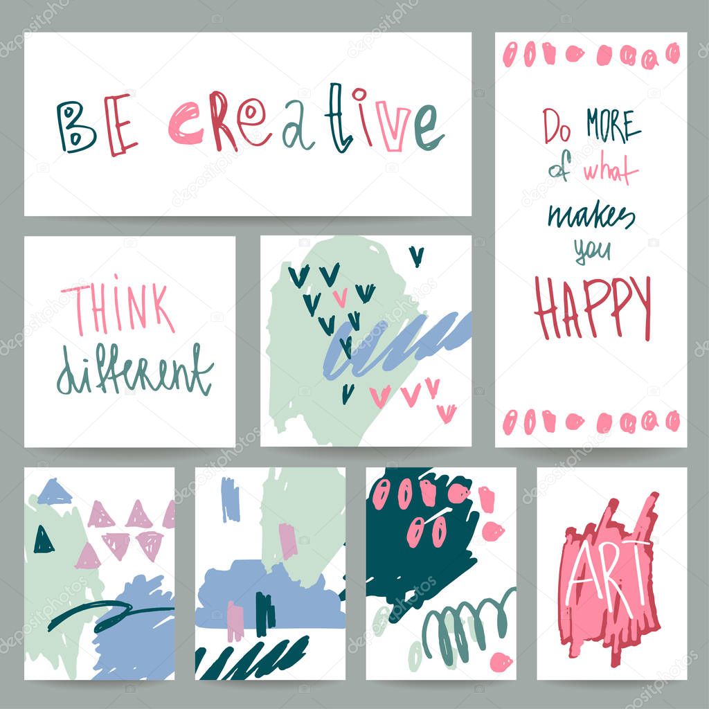 Set of cute creative cards with hand drawing design. 