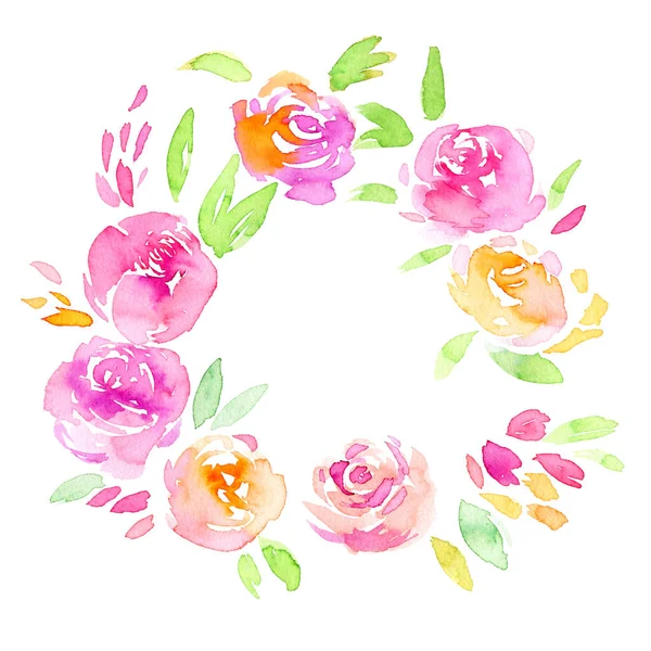 Watercolor Greeting card, invitation, banner. Circle frame for your text with floral watercolor background.