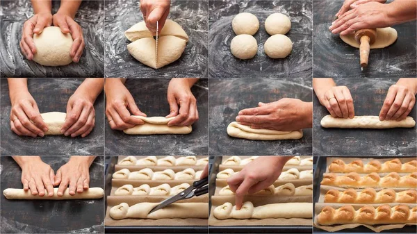 Preparação gradual de pão. Baguete francesa. Formando "Cauda do Dragão". Cozinhar pão. colagem — Fotografia de Stock