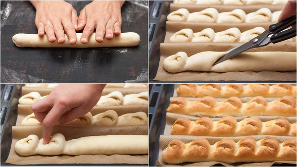 Steg för steg förberedelser av bröd. Fransk baguette. Bilda "Tail of the Dragon". bröd matlagning. collage — Stockfoto