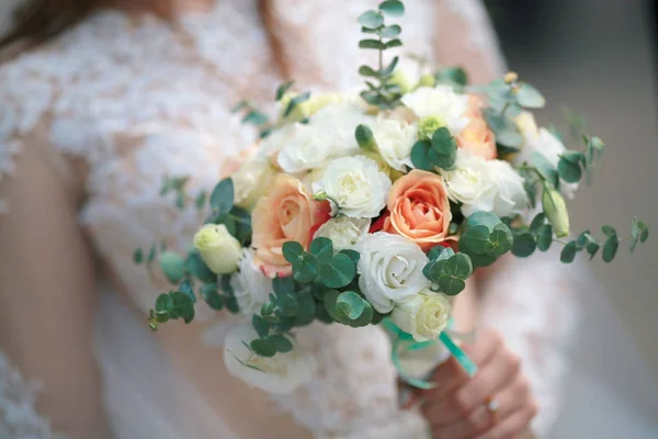 Beautiful Bouquet Different Colors Hands Bride White Dress — Stock Photo, Image