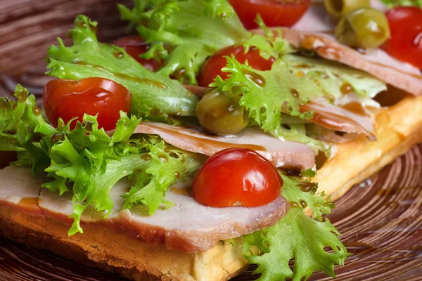 Teller Belgische Waffeln Mit Schinken Tomaten Kräutern Und Balsamico Essig — Stockfoto