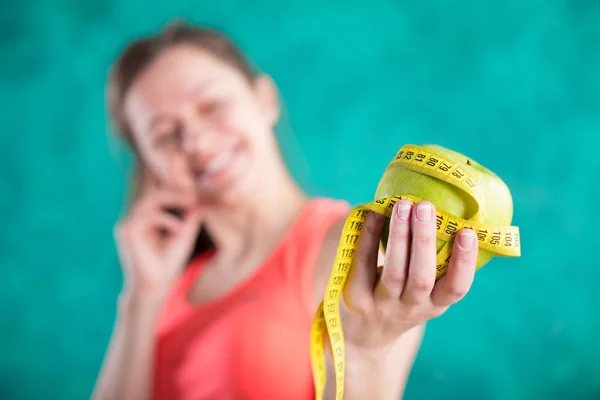 Diet Healthy Happy Female Apple Tape Measure Diet Weight Loss — Stock Photo, Image