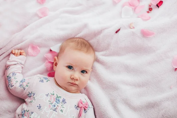 Чарівна Двомісячна Дівчинка Лежить Подушці Дивиться Камеру — стокове фото