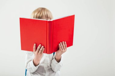 Kitaplar ve beyaz arka plan üzerinde izole elma ile mutlu okul çocuğu portresi. Eğitim, izole. Okul okul öncesi