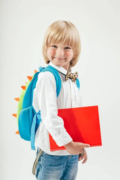 Retrato Colegial Feliz Con Libros Manzana Aislada Sobre Fondo Blanco — Foto de Stock