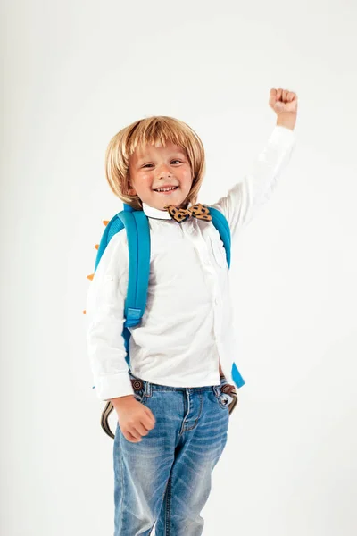 リュックサック 小さな男の子は蝶ネクタイに身を包んだ 陽気な大きなバックパックと小さな子供の笑顔します カメラを見ています 学校のコンセプトです 学校に戻る — ストック写真