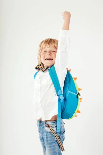 リュックサック 小さな男の子は蝶ネクタイに身を包んだ 陽気な大きなバックパックと小さな子供の笑顔します カメラを見ています 学校のコンセプトです 学校に戻る — ストック写真