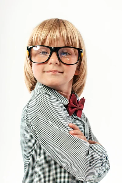 Portrait Happy Schoolboy Dressed Red Bow Tie Glasses White Background — Stock Photo, Image