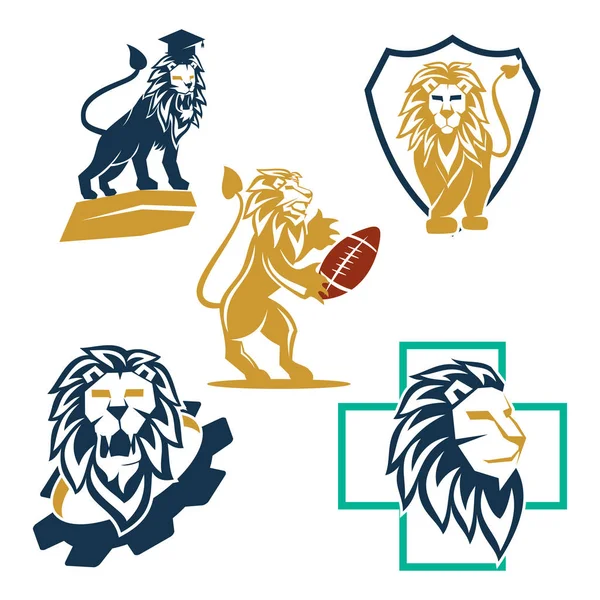 Juego de vectores de símbolo de diseño de logotipo de rugby cruzado Lion Gear Shield — Vector de stock