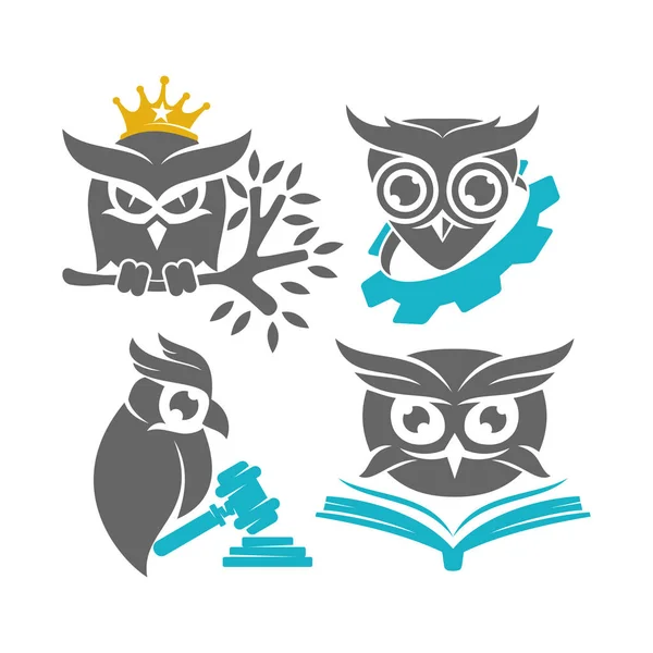 Sowa Kruk Gear Book Law Logo Design Zestaw szablonów wektorów — Wektor stockowy