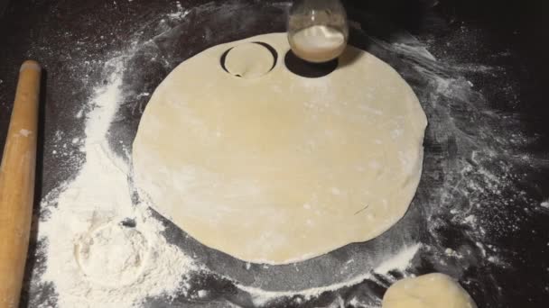 As mãos femininas cortam partes de massa de farinha redondas em uma mesa — Vídeo de Stock