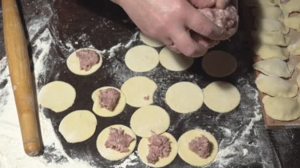 Le mani femminili riempiono pezzi rotondi di pasta di imbottitura di carne — Video Stock