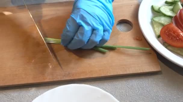 Corte de cebolas. Preparação de salada de verduras frescas — Vídeo de Stock