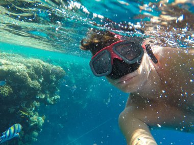 Mercan Denizi yakınındaki bir sualtı maskesi bir adamla yüzüyor