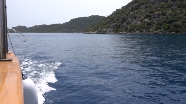 Side View Ship Sailing Sea Coast Turkey Island Kekova Slow — Stock Video