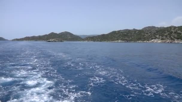 Cruise Ship Trace Calm Sea View Turkish Rocky Coast Island — Stock Video