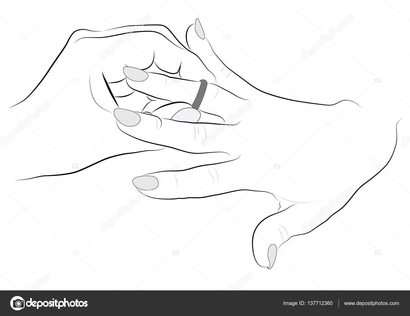 Manos dibujos contornos, pone un anillo en chica dedo — Archivo