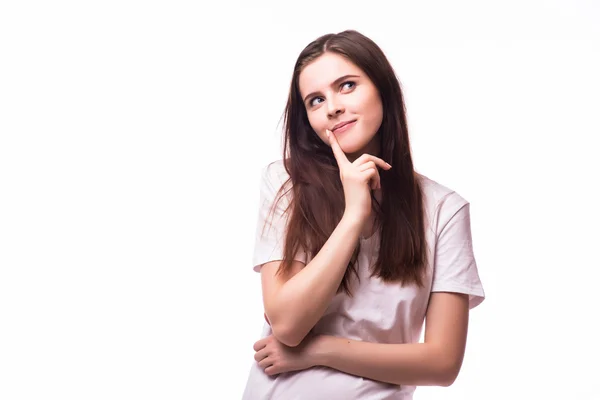 Joven hermosa mujer pensando mirando hacia el frente —  Fotos de Stock