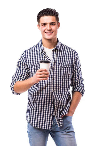 Man drink coffee in shirt on white. — Stock Photo, Image