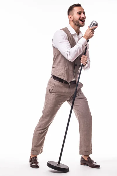 Portrait young showman in suit singing — Stock Photo, Image