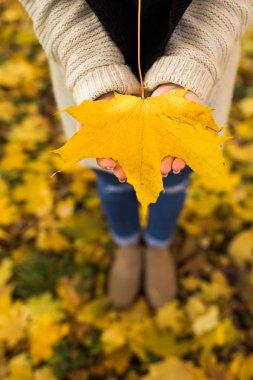 Kız ormanda sarı yaprakları ile elleri açmak