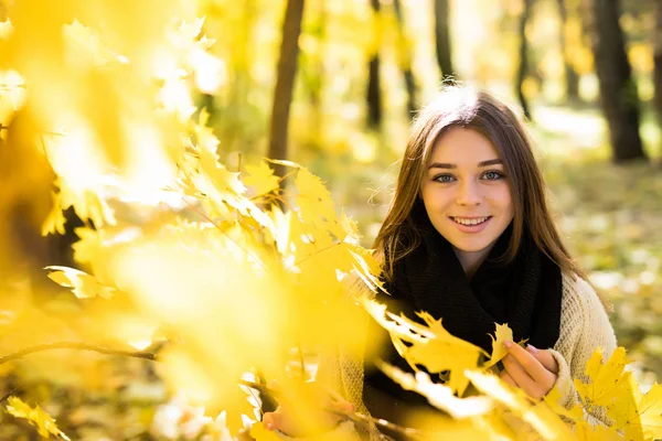 Mädchen in der Nähe von gelben Herbstblättern im Wald — Stockfoto