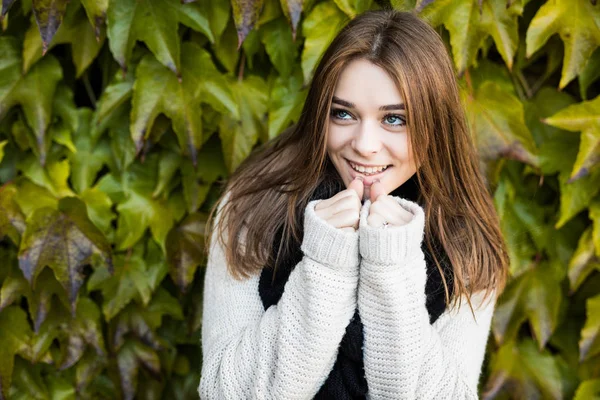 Portré fiatal szépség barna lány a szabadban a zöld levelek háttér — Stock Fotó